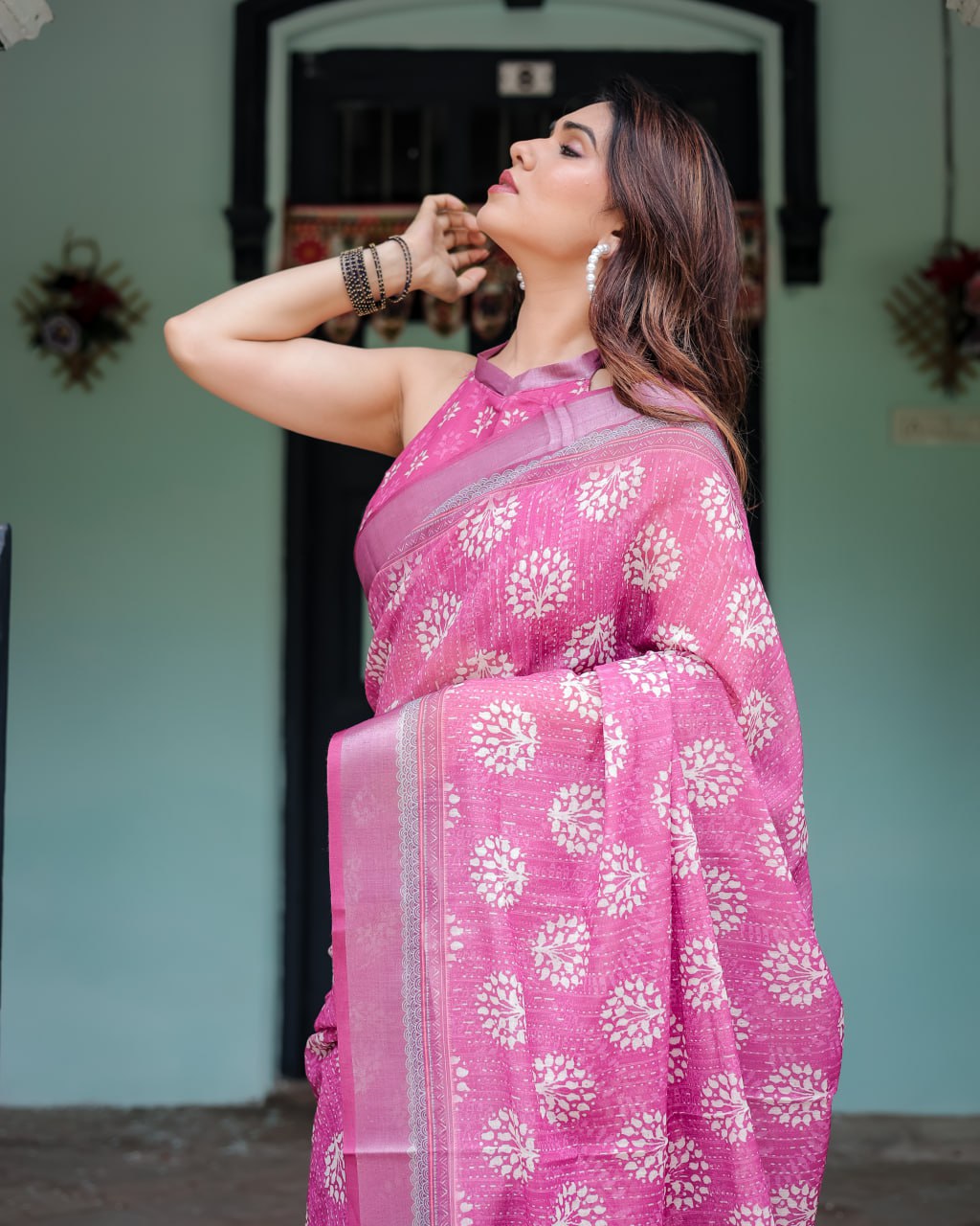 Vibrant Pink Floral Block Print Linen Cotton Saree