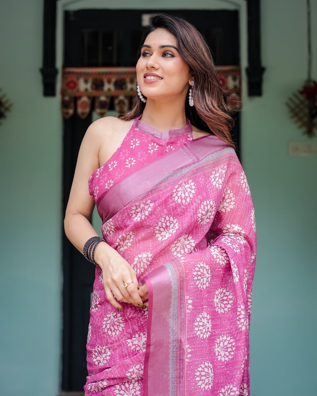 Vibrant Pink Floral Block Print Linen Cotton Saree