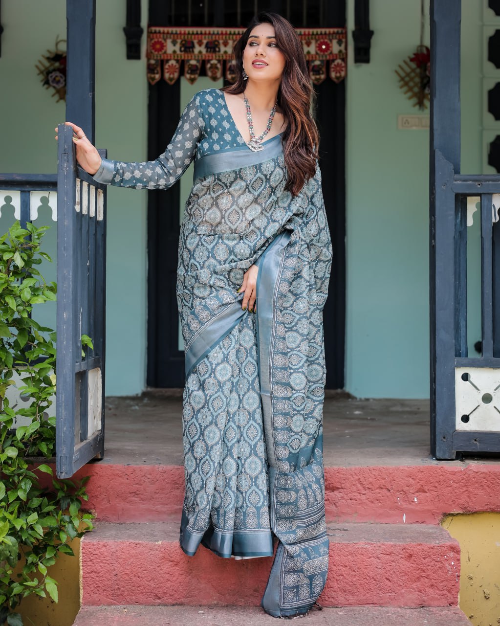 Deep Teal Woven Linen Cotton Saree