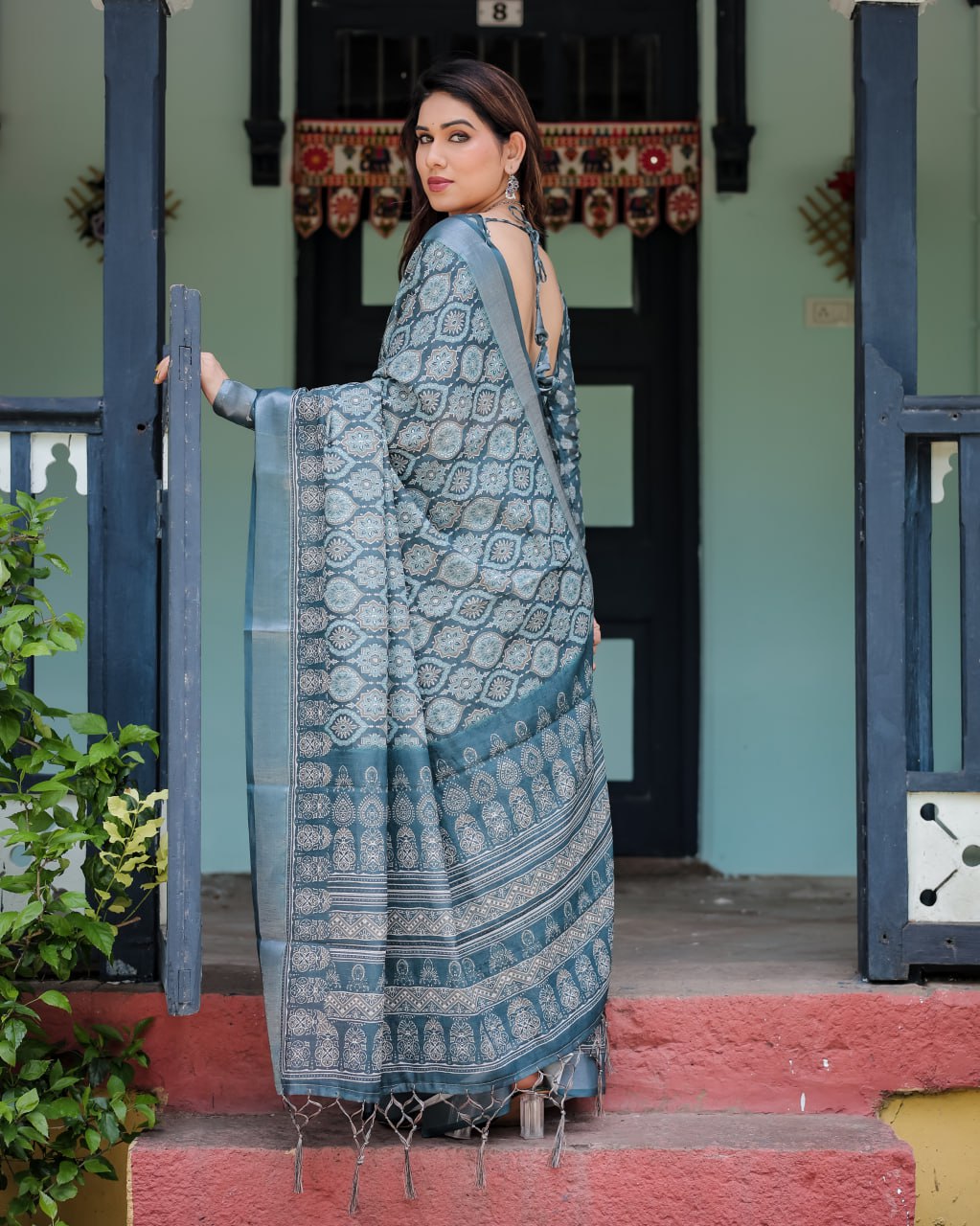 Deep Teal Woven Linen Cotton Saree