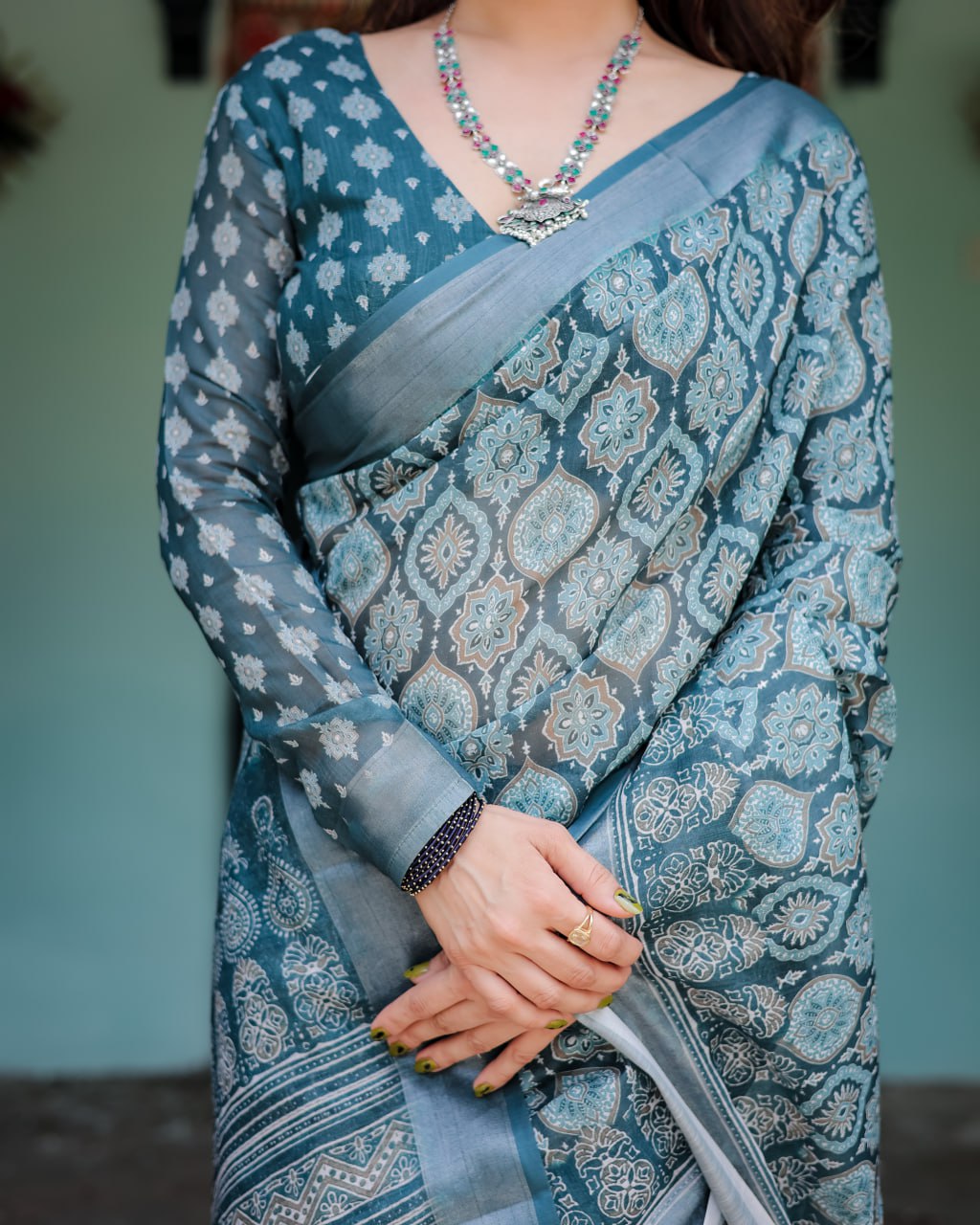 Deep Teal Woven Linen Cotton Saree