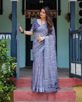 Elegant Grey-Blue Floral Linen Cotton Saree