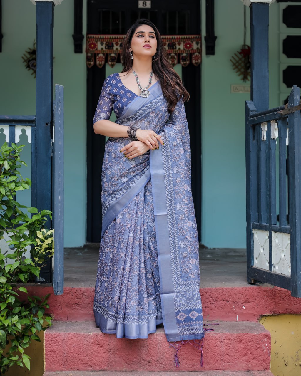 Elegant Grey-Blue Floral Linen Cotton Saree