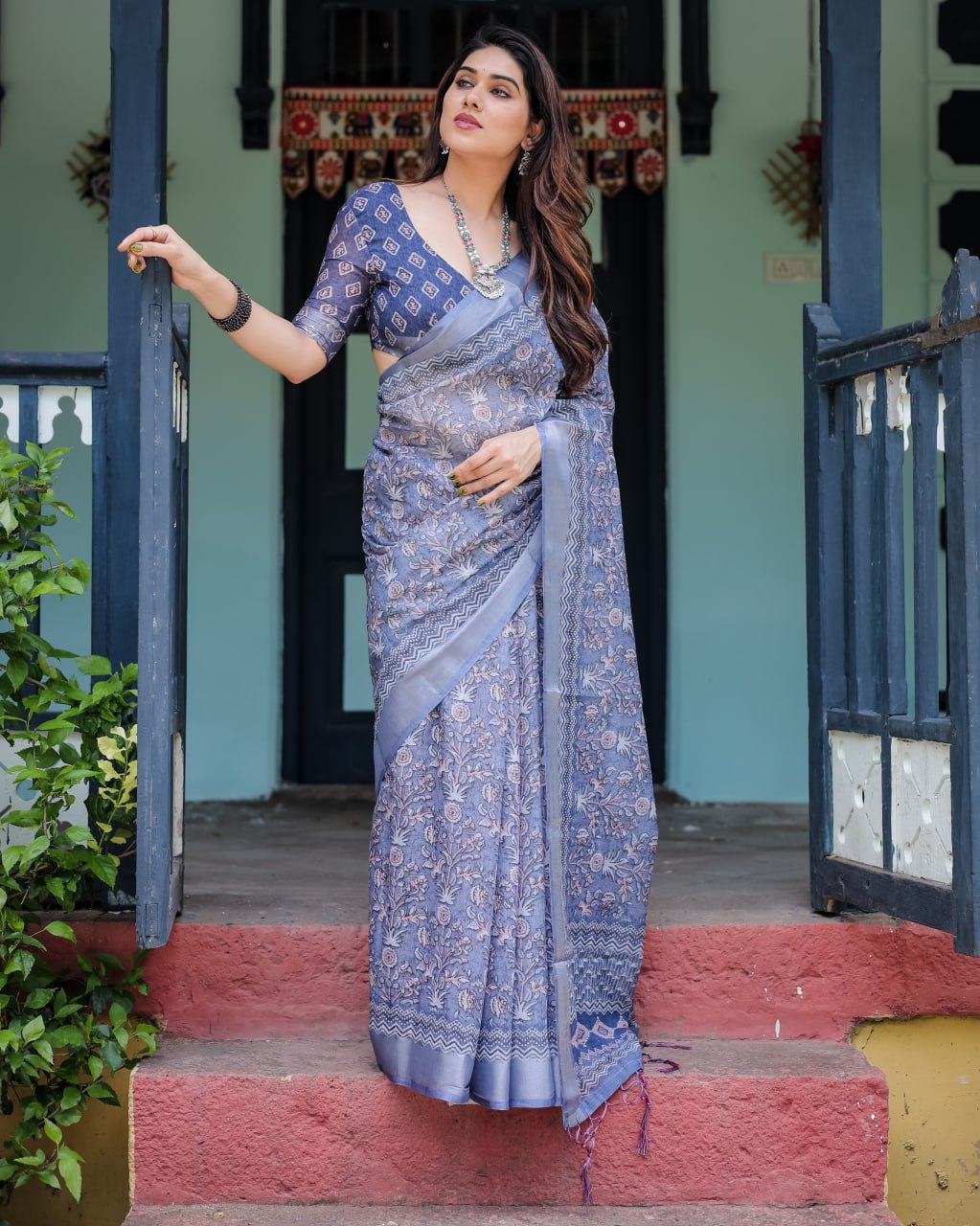 Elegant Grey-Blue Floral Linen Cotton Saree