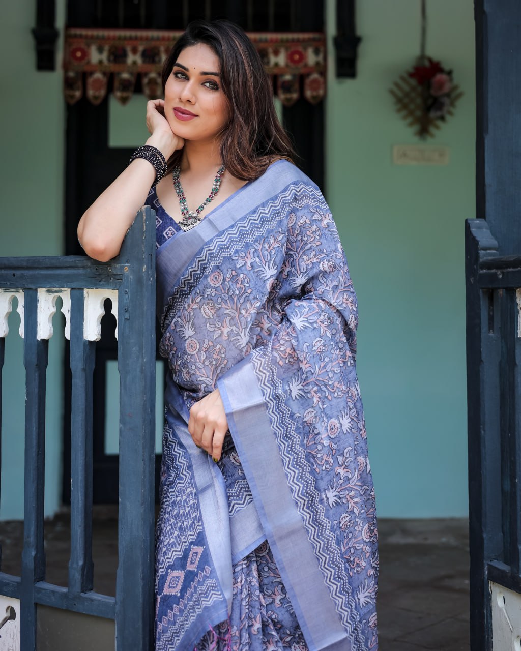 Elegant Grey-Blue Floral Linen Cotton Saree