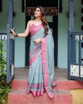 Vibrant Aqua and Pink Block Print Linen Cotton Saree