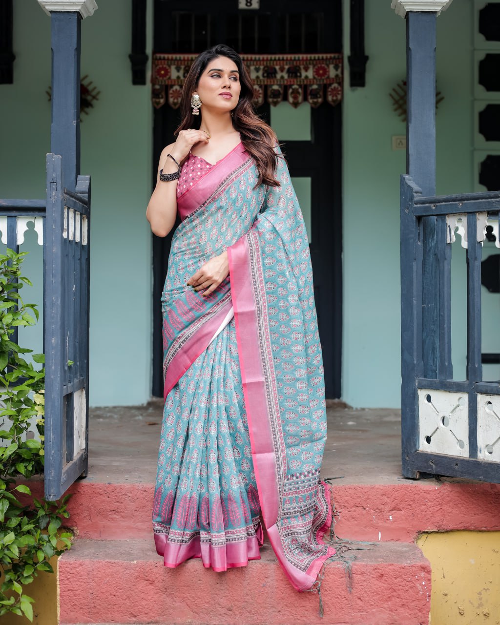 Vibrant Aqua and Pink Block Print Linen Cotton Saree