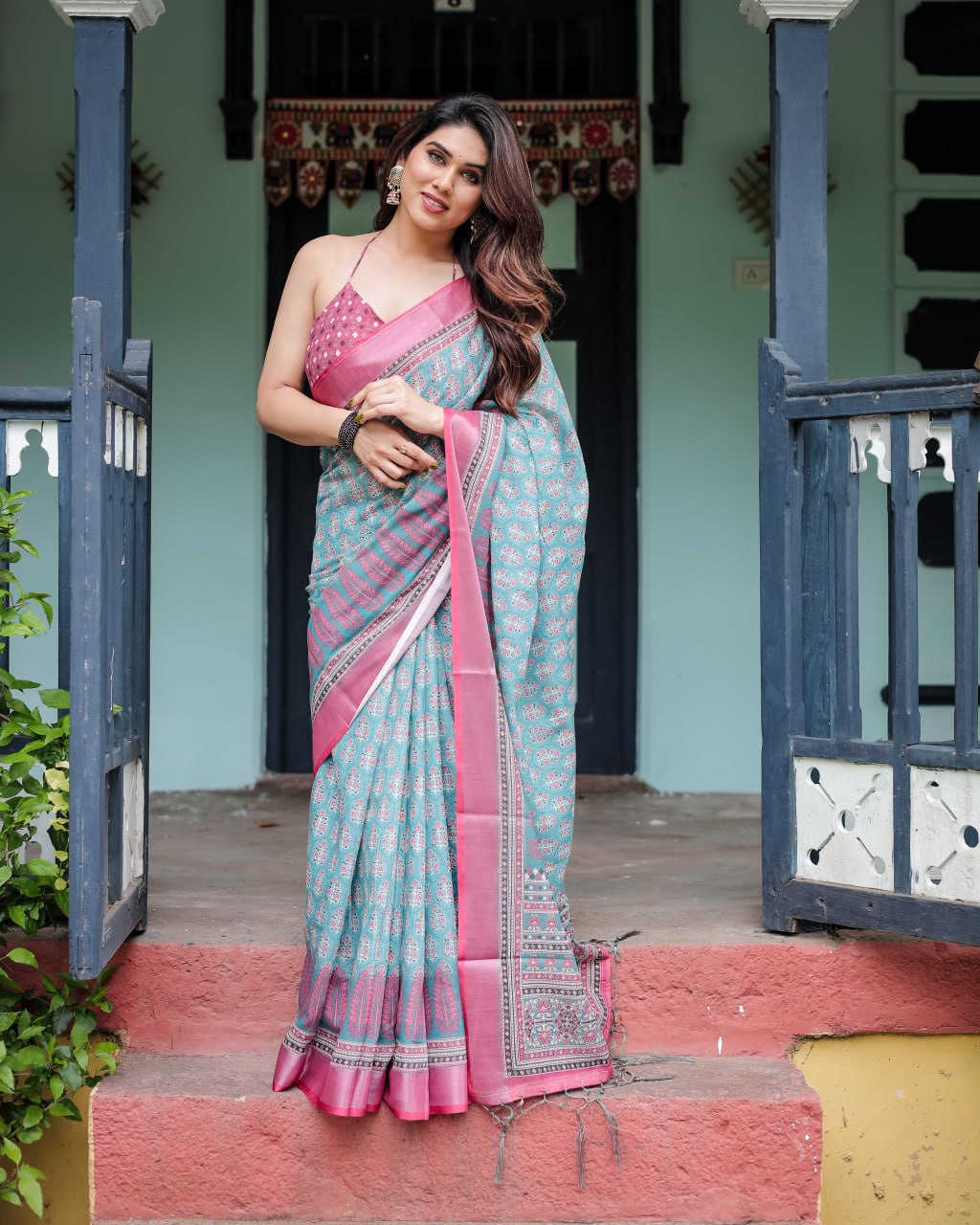Vibrant Aqua and Pink Block Print Linen Cotton Saree