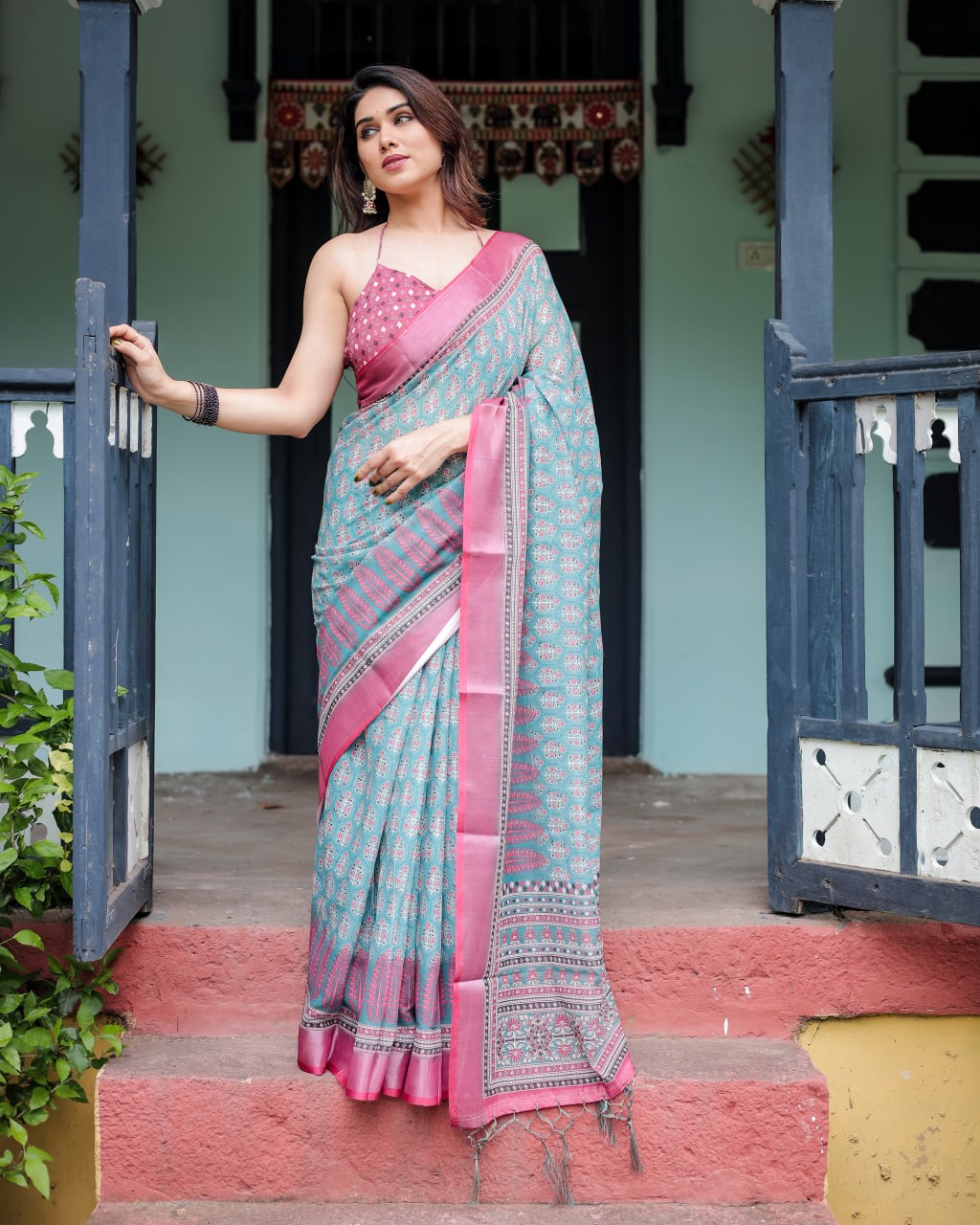 Vibrant Aqua and Pink Block Print Linen Cotton Saree