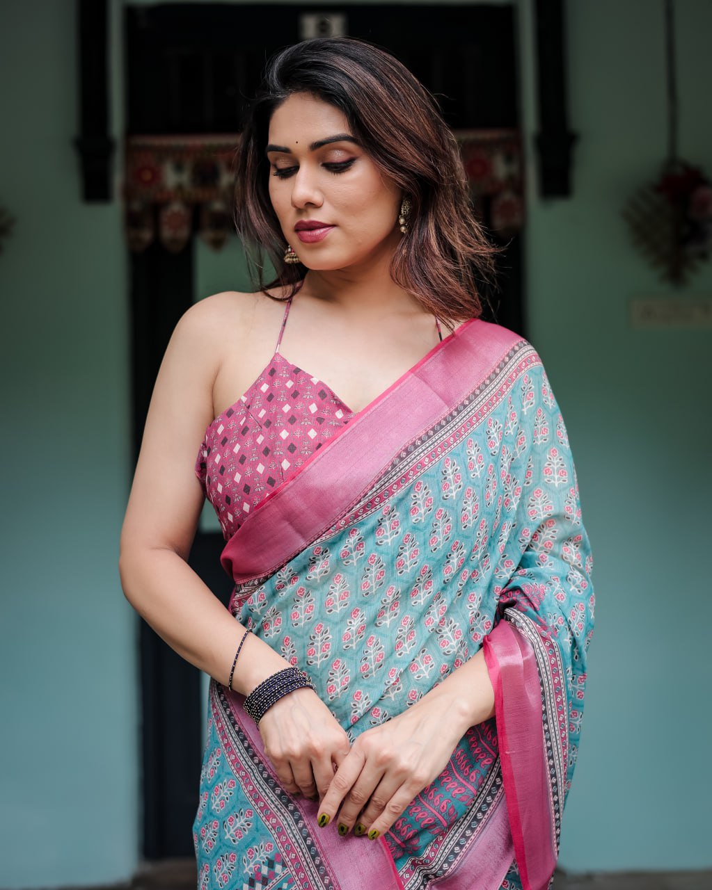 Vibrant Aqua and Pink Block Print Linen Cotton Saree