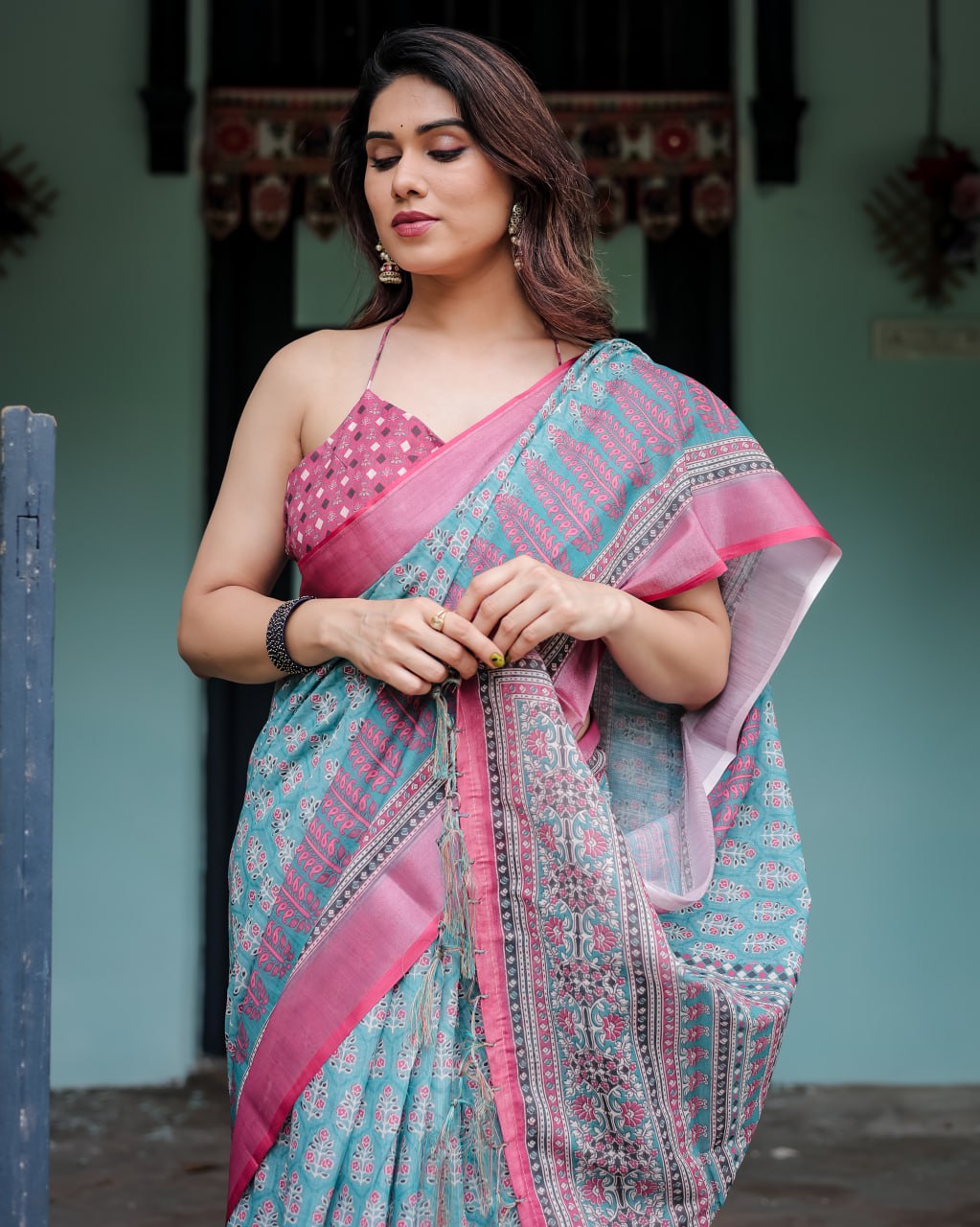Vibrant Aqua and Pink Block Print Linen Cotton Saree