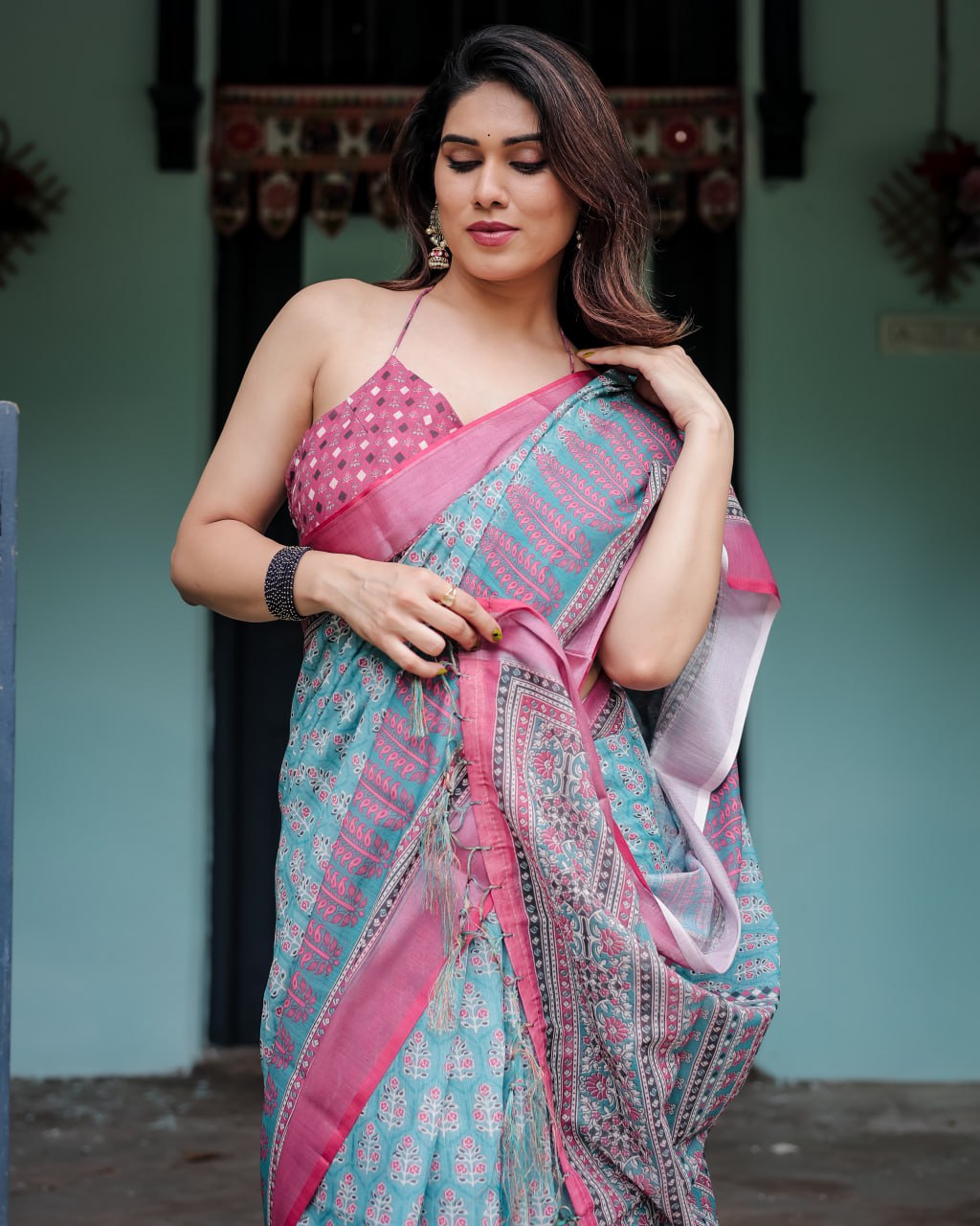 Vibrant Aqua and Pink Block Print Linen Cotton Saree