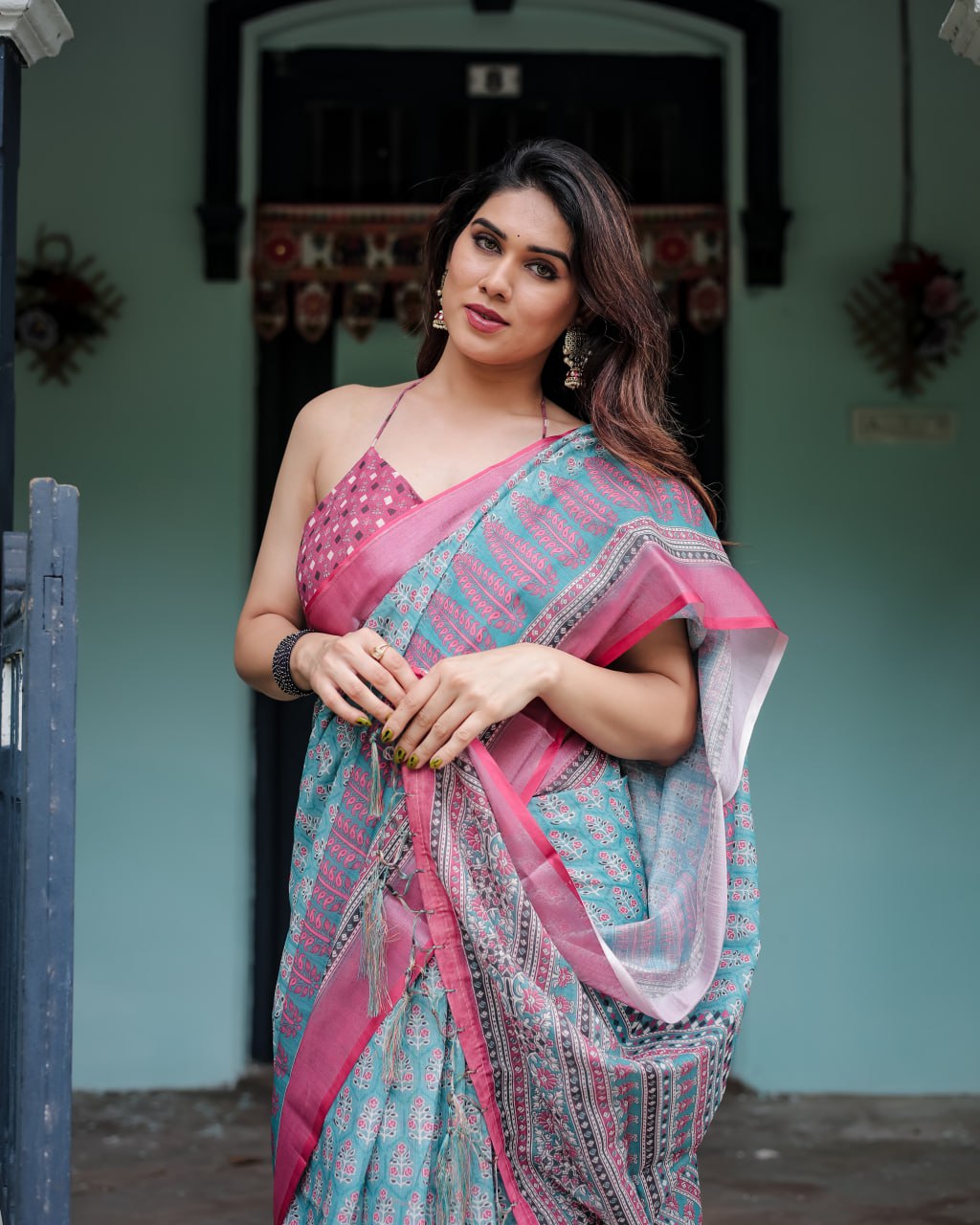 Vibrant Aqua and Pink Block Print Linen Cotton Saree