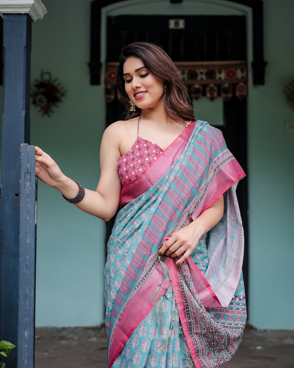 Vibrant Aqua and Pink Block Print Linen Cotton Saree