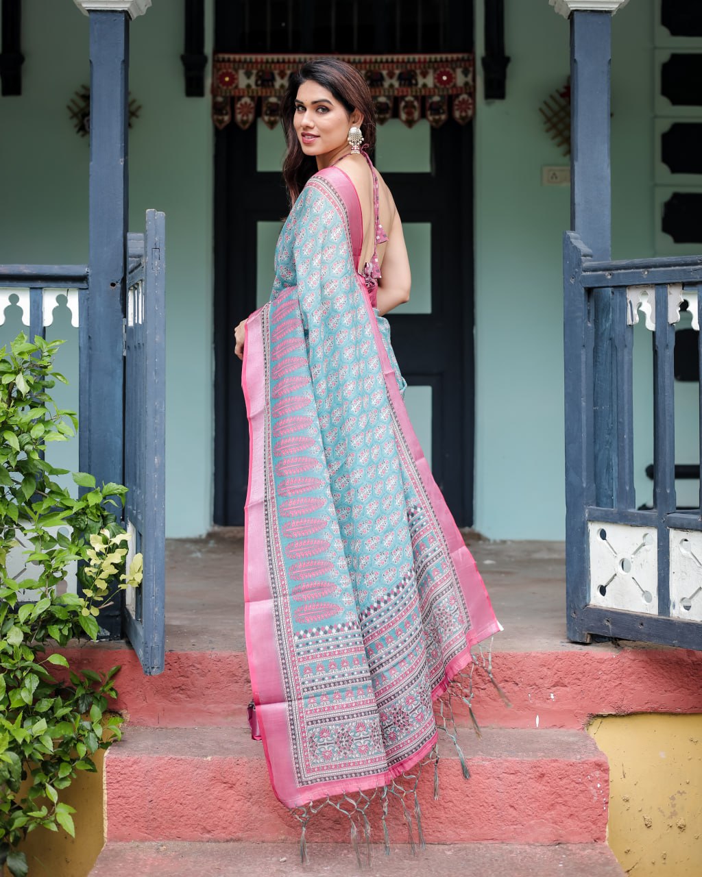 Vibrant Aqua and Pink Block Print Linen Cotton Saree