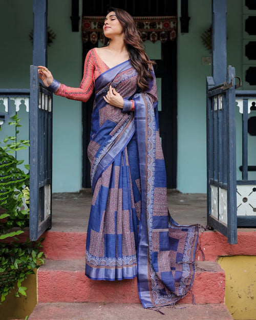 Deep Sapphire Blue Geometric Woven Linen Cotton Saree