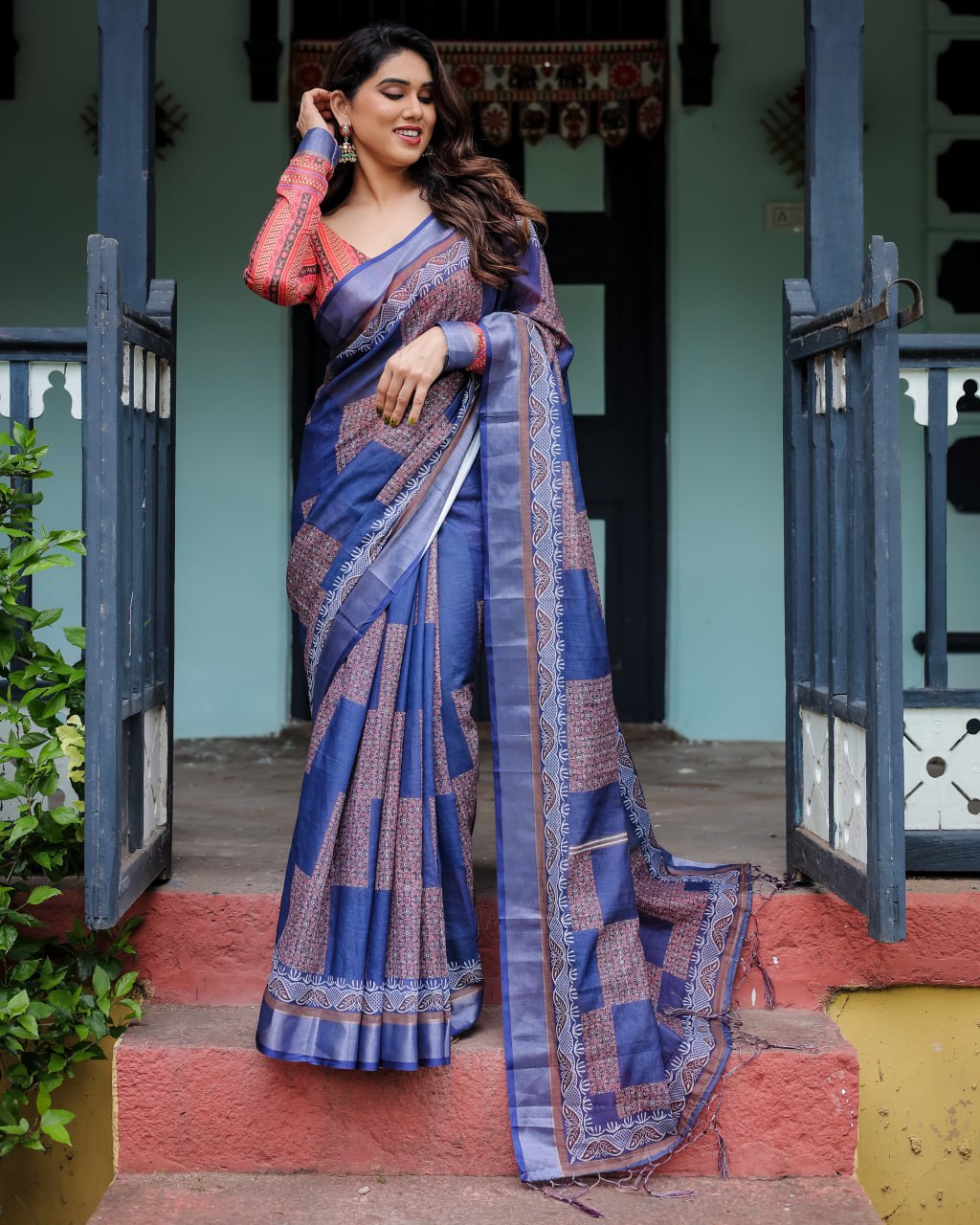 Deep Sapphire Blue Geometric Woven Linen Cotton Saree