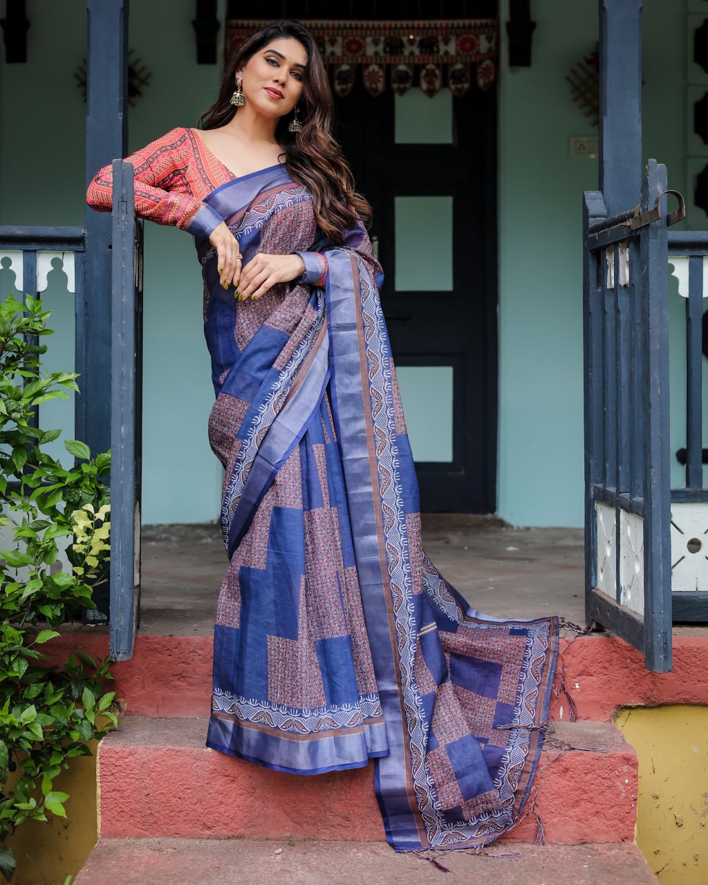 Deep Sapphire Blue Geometric Woven Linen Cotton Saree