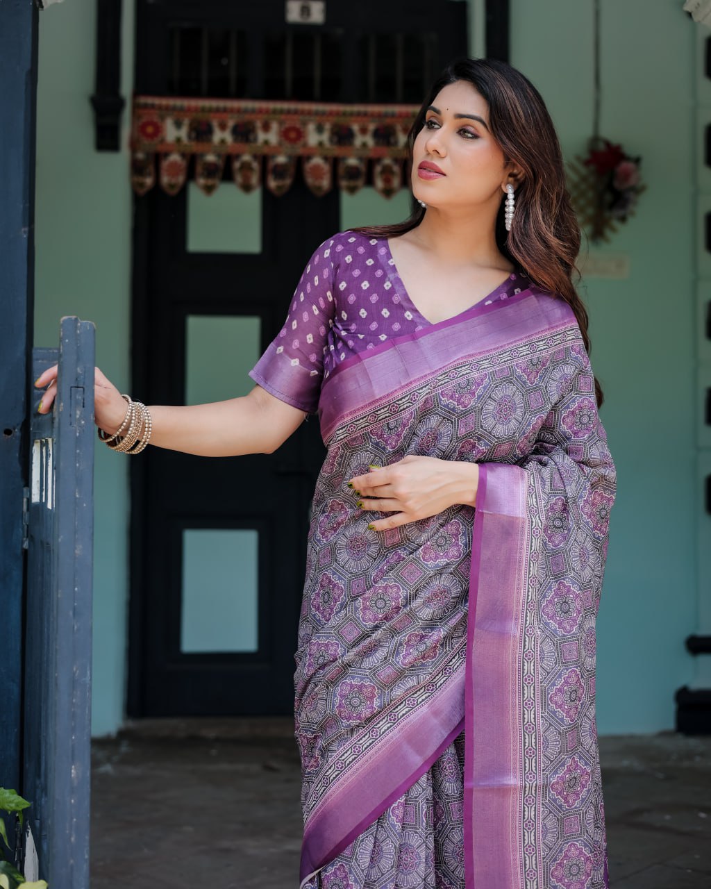 Elegant Lavender Purple Woven Linen Cotton Saree