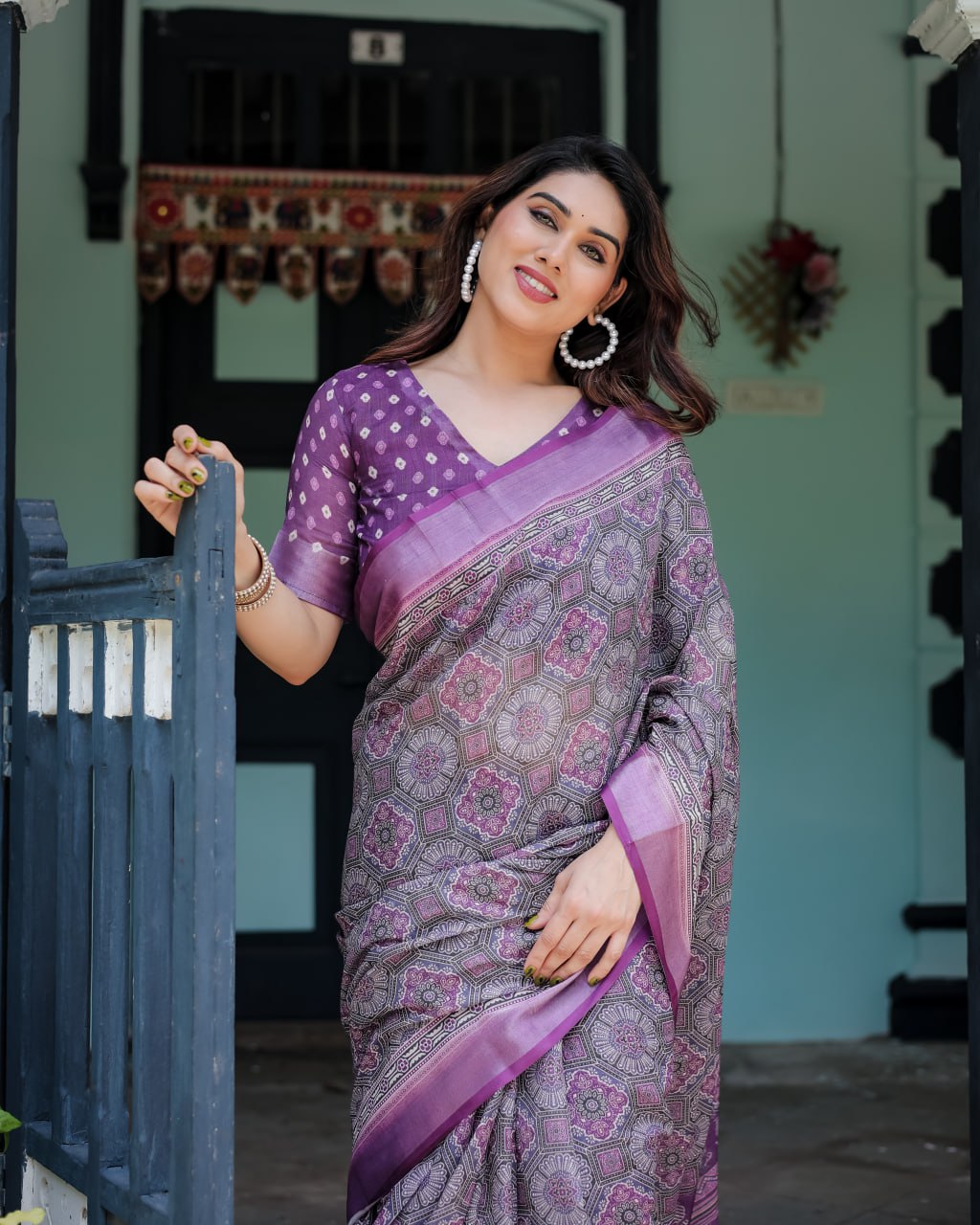 Elegant Lavender Purple Woven Linen Cotton Saree