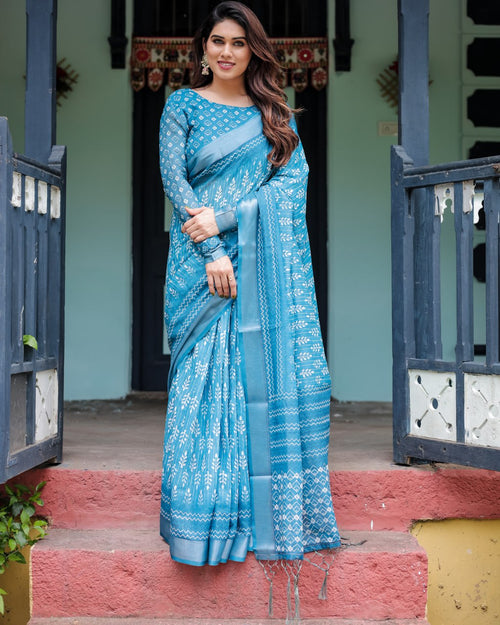 : Azure Ikat Grace Linen Cotton Saree