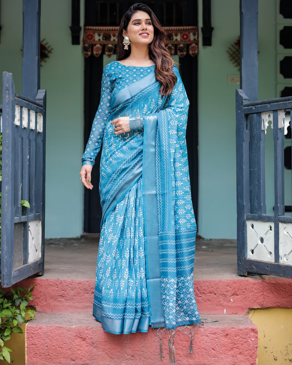 : Azure Ikat Grace Linen Cotton Saree