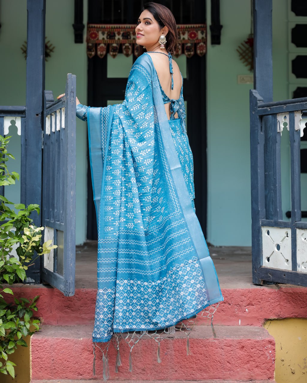 : Azure Ikat Grace Linen Cotton Saree