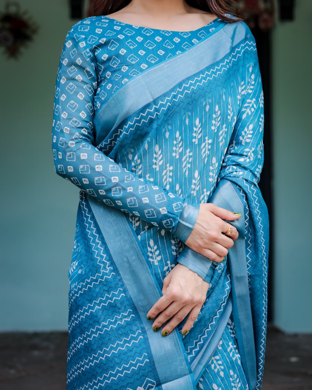 : Azure Ikat Grace Linen Cotton Saree