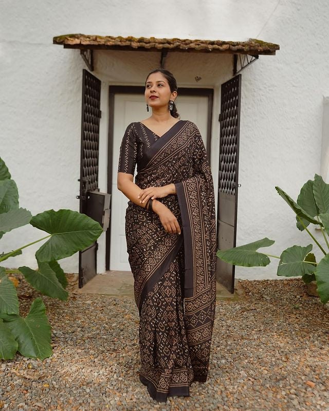 Classic Brown  BLACK Ajrakh Print Linen Cotton Saree