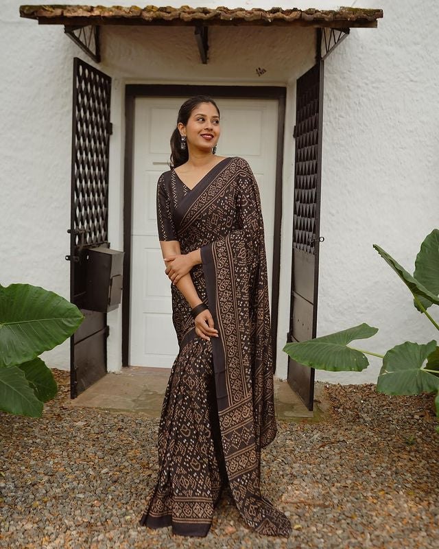 Classic Brown  BLACK Ajrakh Print Linen Cotton Saree