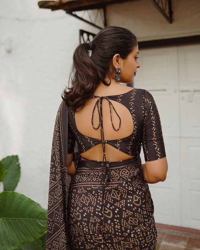 Classic Brown  BLACK Ajrakh Print Linen Cotton Saree