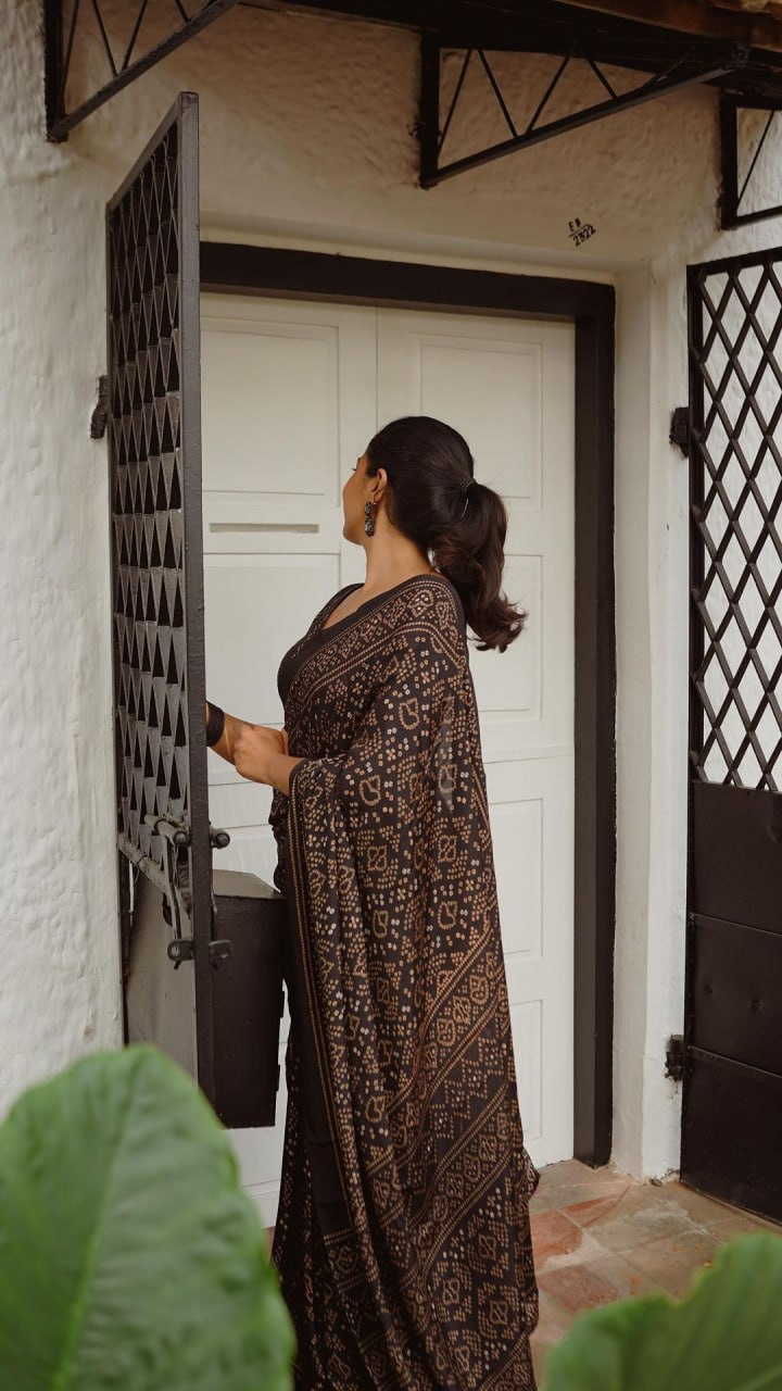 Classic Brown  BLACK Ajrakh Print Linen Cotton Saree