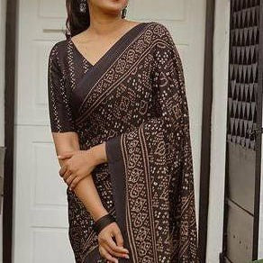 Classic Brown  BLACK Ajrakh Print Linen Cotton Saree