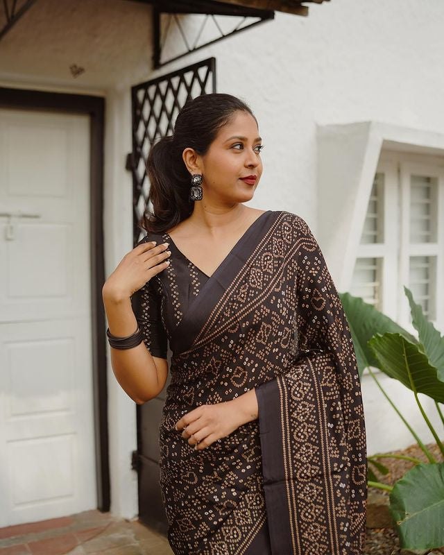 Classic Brown  BLACK Ajrakh Print Linen Cotton Saree