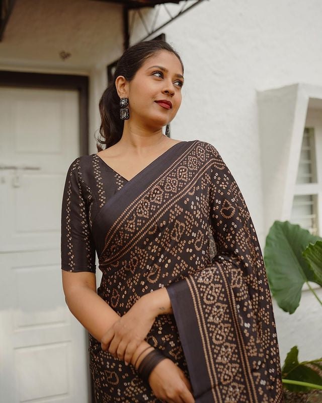 Classic Brown  BLACK Ajrakh Print Linen Cotton Saree