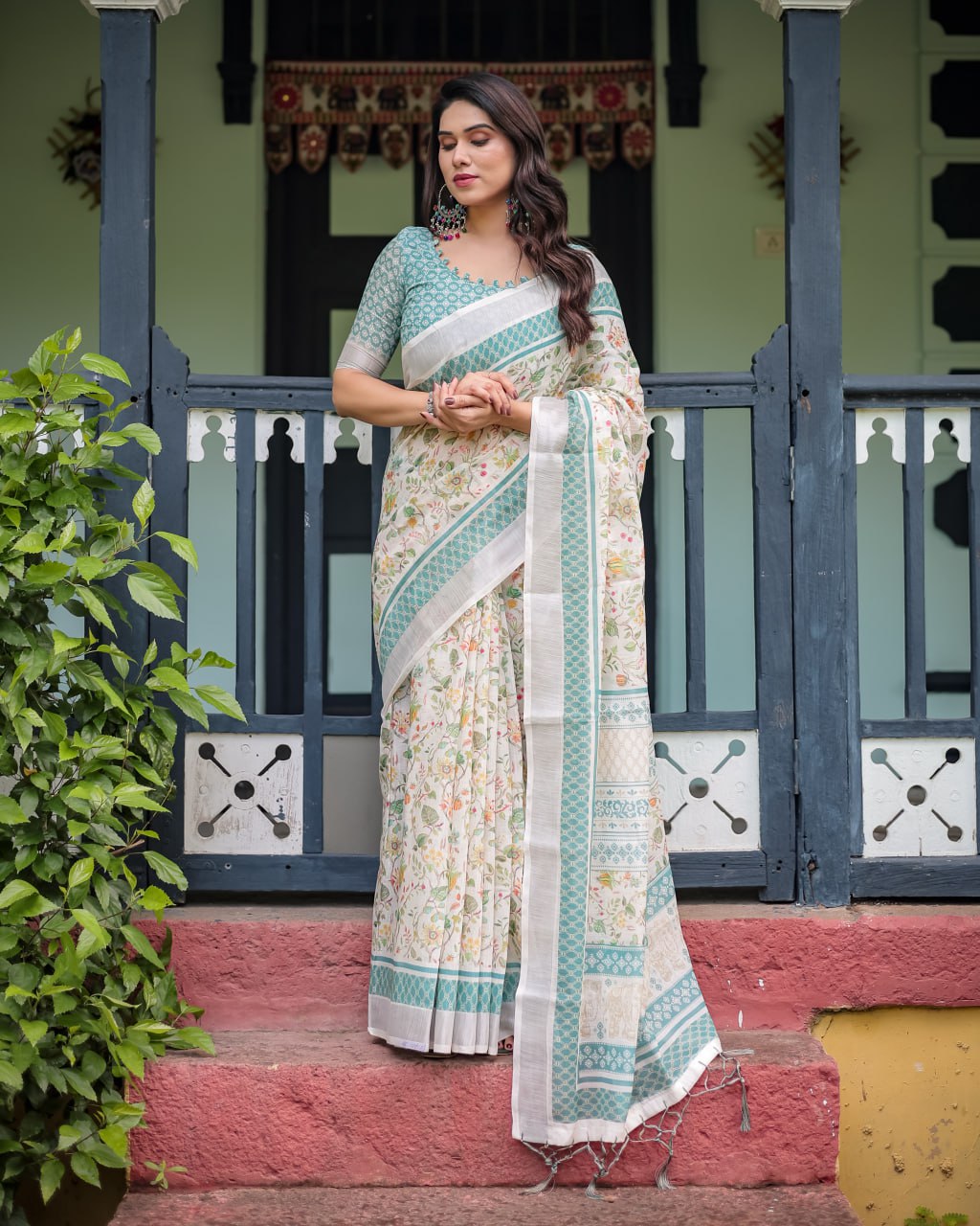 Ivory Green Floral Linen Cotton Saree