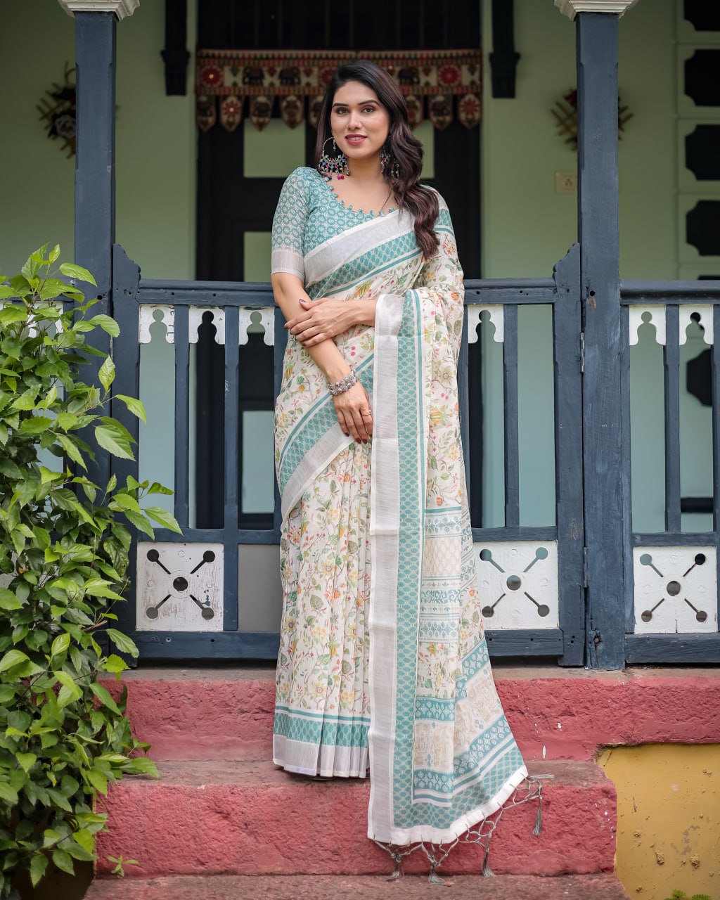 Ivory Green Floral Linen Cotton Saree