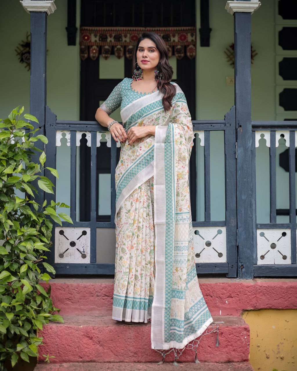 Ivory Green Floral Linen Cotton Saree