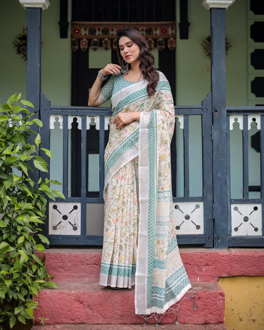 Ivory Green Floral Linen Cotton Saree