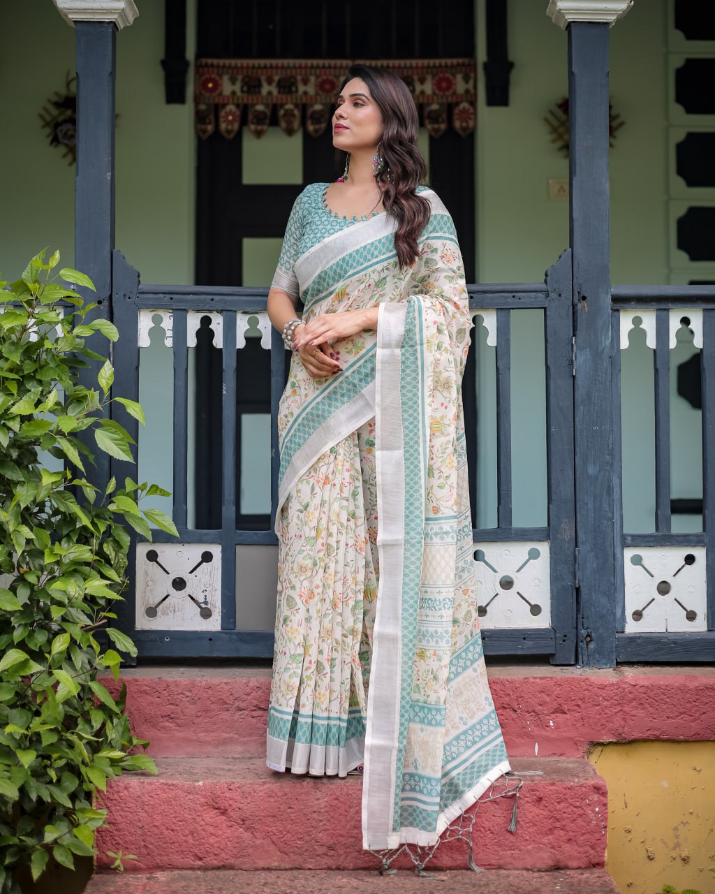 Ivory Green Floral Linen Cotton Saree