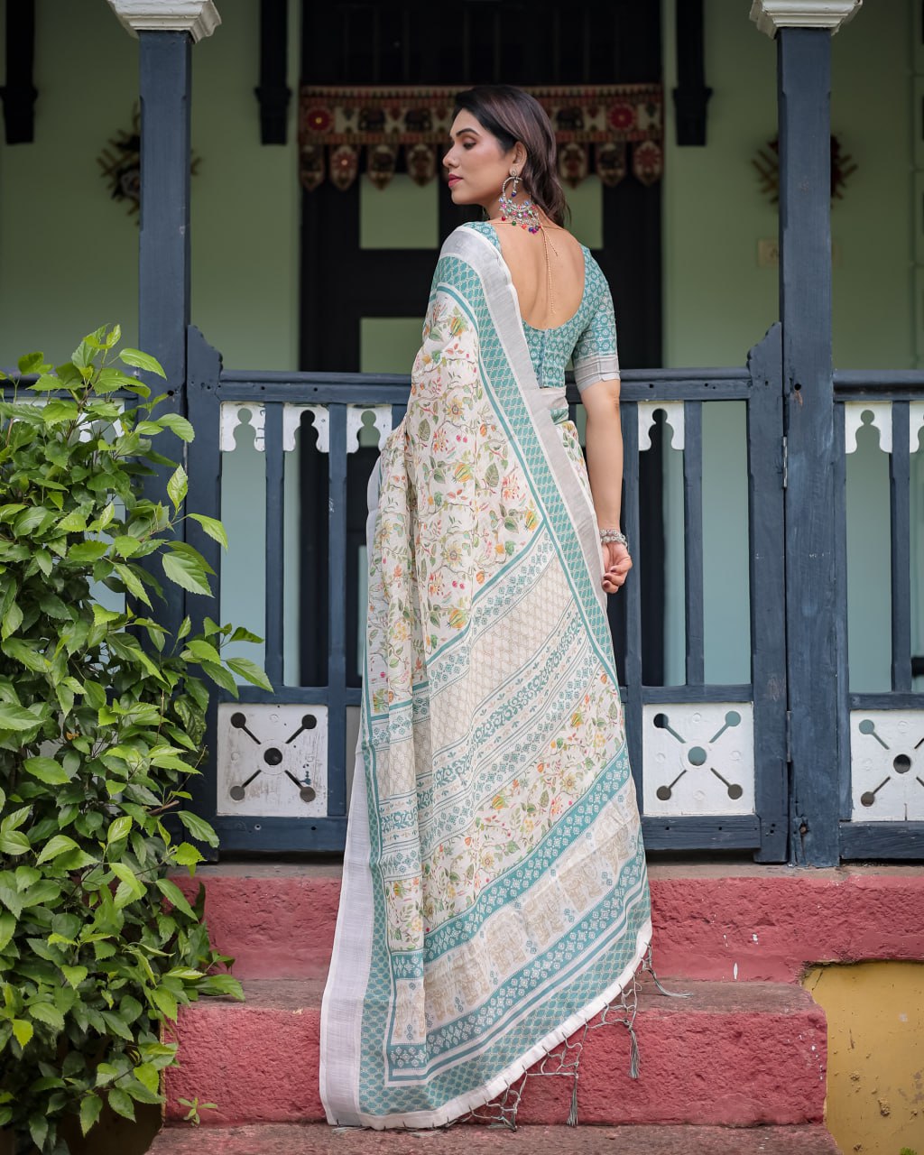Ivory Green Floral Linen Cotton Saree