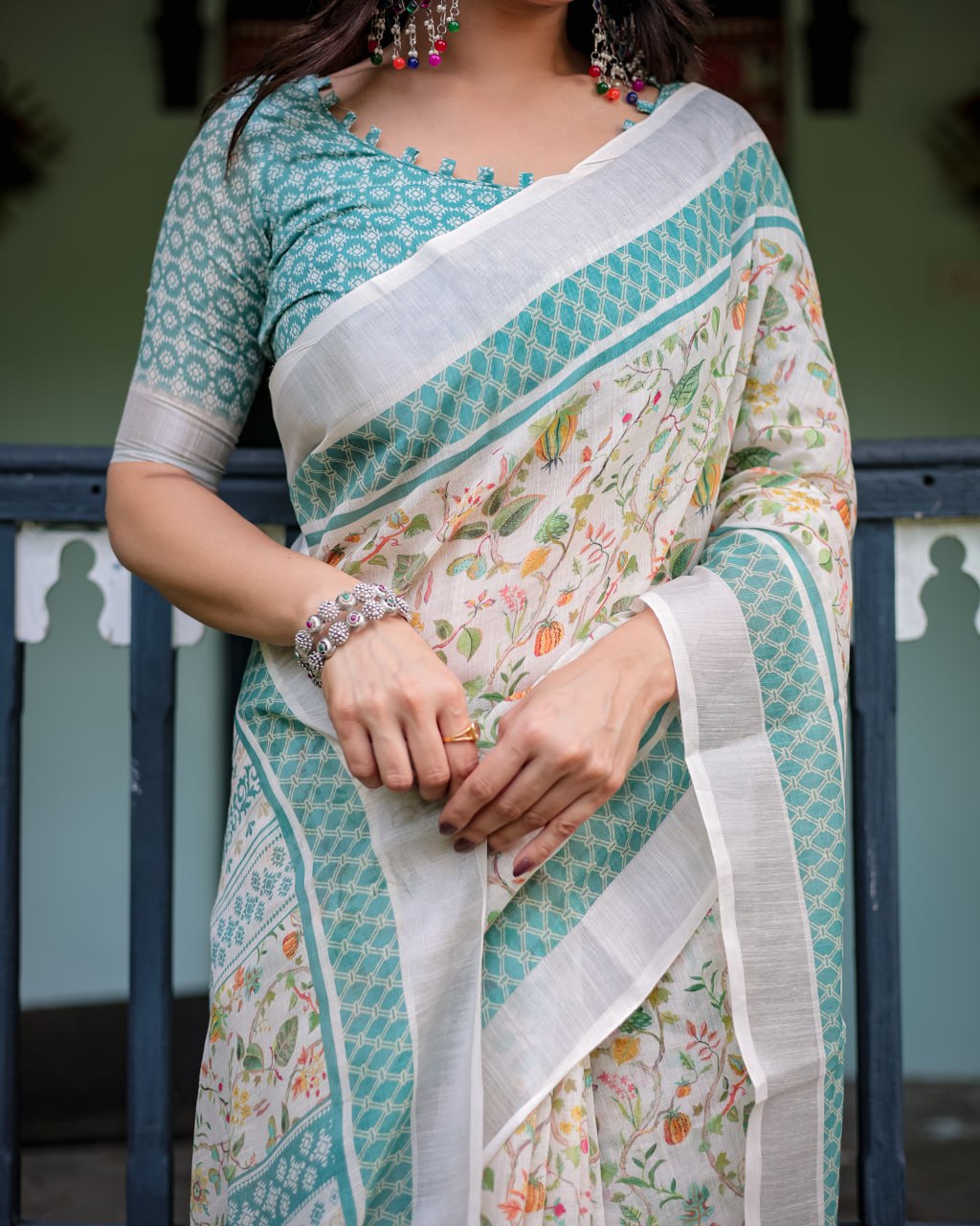 Ivory Green Floral Linen Cotton Saree