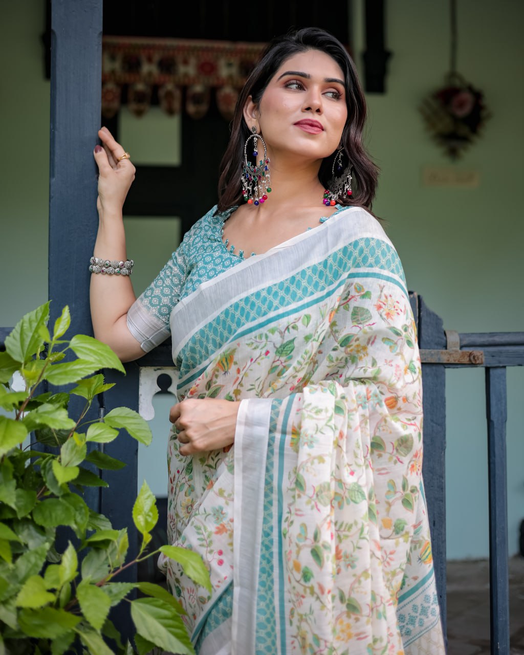 Ivory Green Floral Linen Cotton Saree