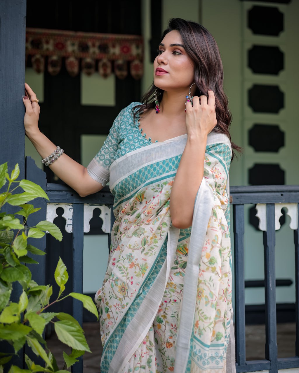 Ivory Green Floral Linen Cotton Saree