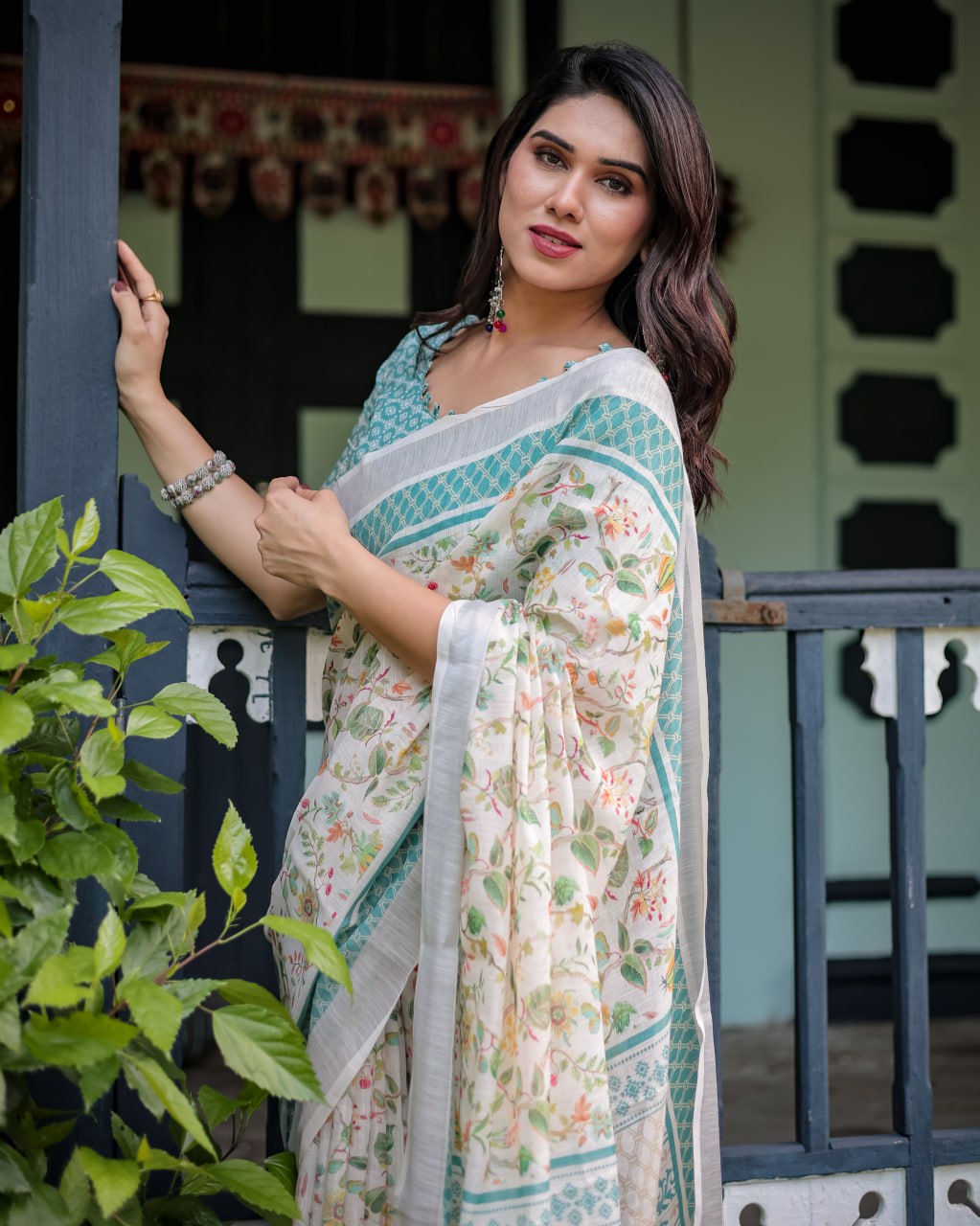 Ivory Green Floral Linen Cotton Saree