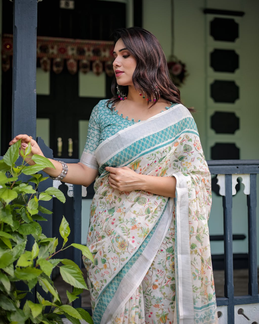 Ivory Green Floral Linen Cotton Saree