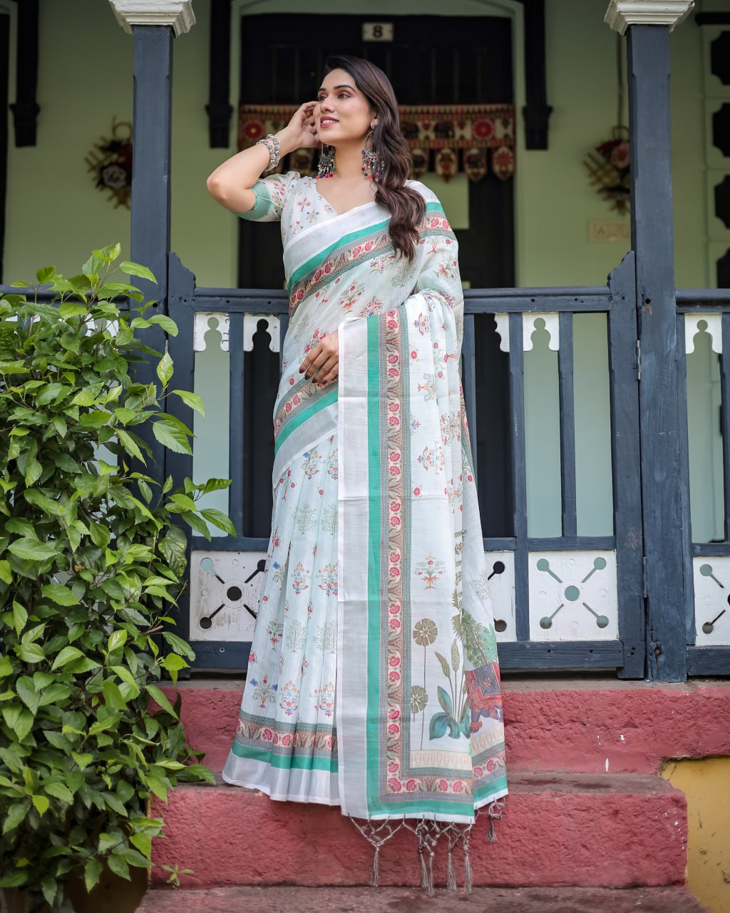 Ivory Mint Floral Linen Cotton Saree