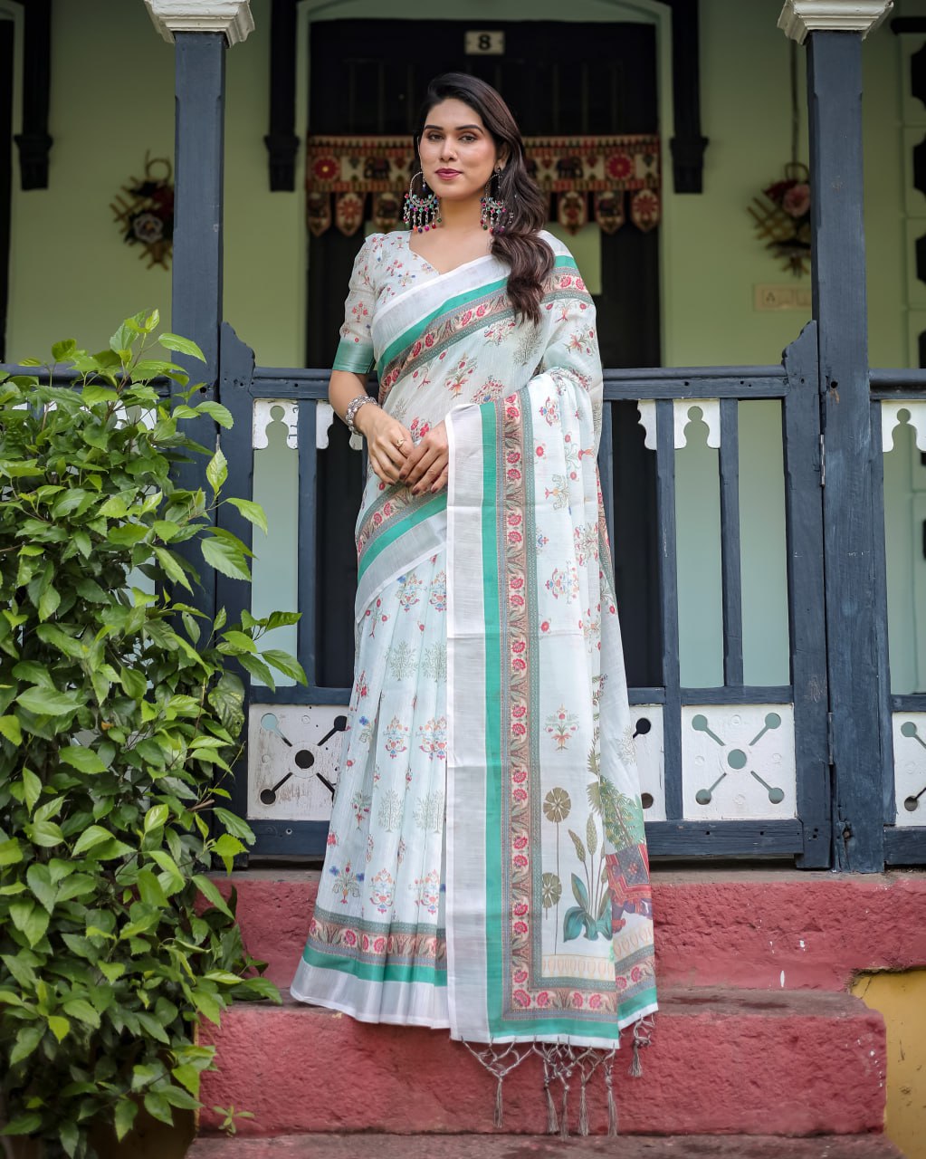 Ivory Mint Floral Linen Cotton Saree