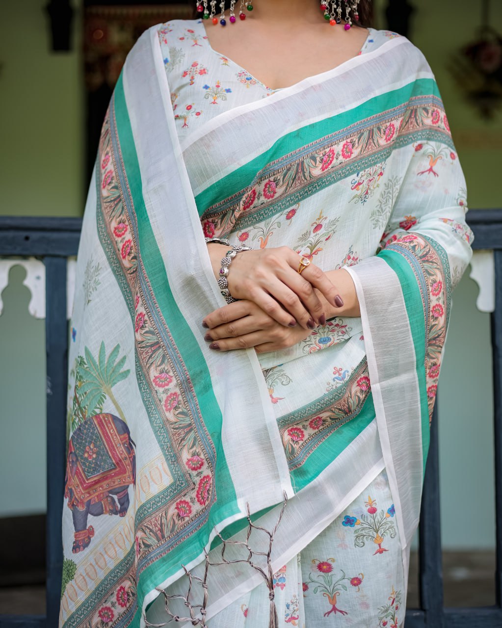 Ivory Mint Floral Linen Cotton Saree