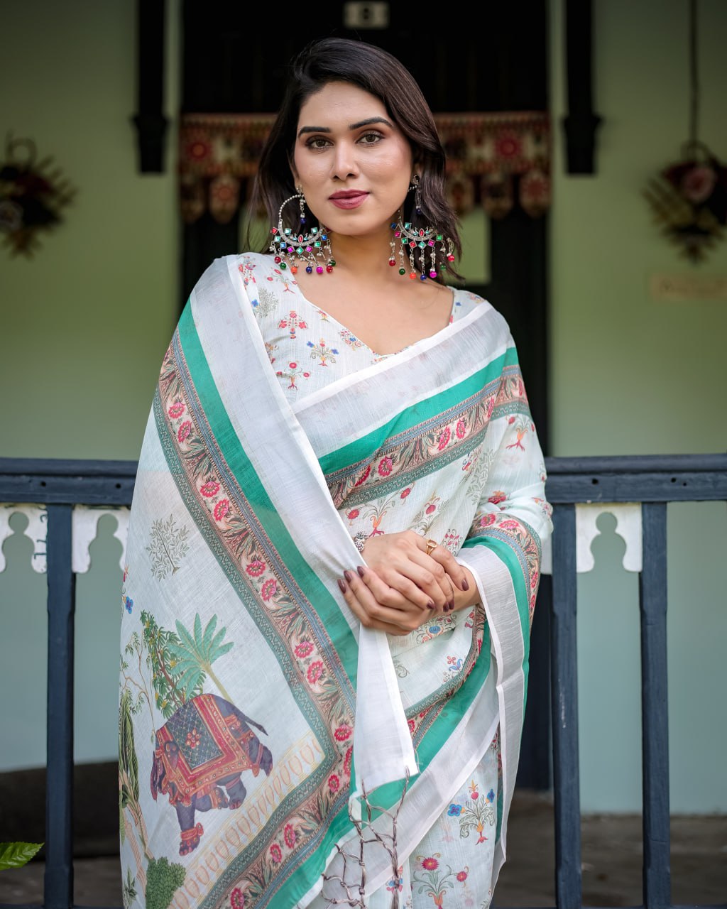 Ivory Mint Floral Linen Cotton Saree